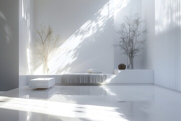 Serene white room bathed in soft light, offering a sanctuary for contemplation.