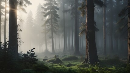 Obraz premium a misty morning in a dense pine forest