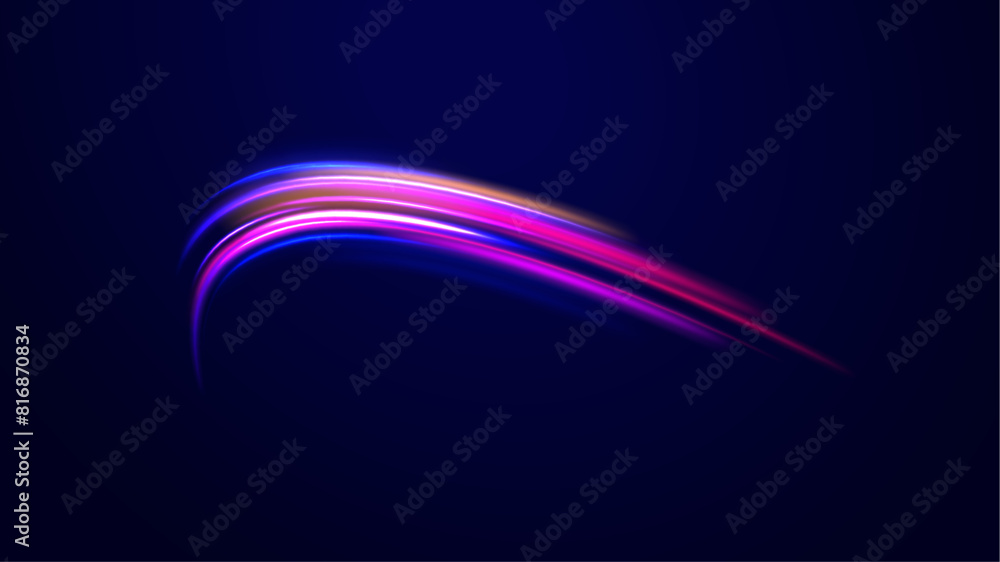 Poster lines in the shape of a comet against a dark background. elegant bright neon linear wave. speed of l