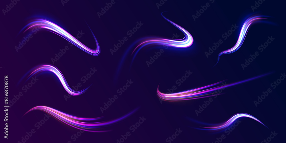 Poster lines in the shape of a comet against a dark background. elegant bright neon linear wave. speed of l