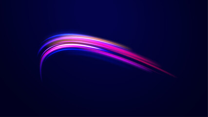 Lines in the shape of a comet against a dark background. Elegant bright neon linear wave. Speed of light concept background. 