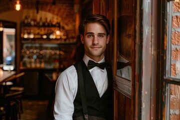 A man in a black vest and bow tie stands in front of a bar. He is smiling and looking at the camera