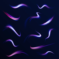 Car motion trails. Speed line motion vector background. Dynamic blue neon sport texture. Red blue motion police line, horizontal light rays. Abstract vector fire circles, sparkling swirls and energy l