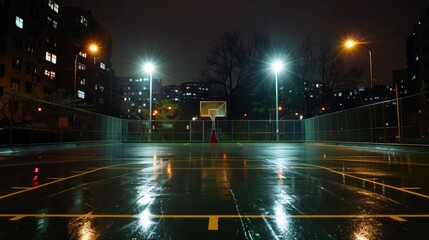 Basketball hoop on a wet court at night with neon lights for urban sports design