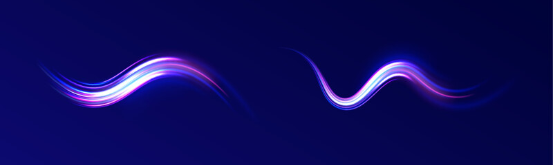 Vector blue glowing lines air flow effect. Speed connection background. Expressway, car headlight effect. Speed connection vector background. 