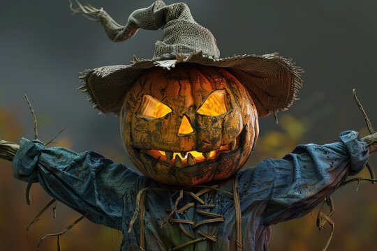 A scarecrow wearing a hat. Suitable for fall and harvest themes
