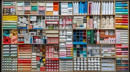 A meticulously organized shelf showcasing an extensive variety of colorful, neatly arranged personal care products, cosmetics, and everyday items