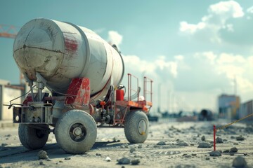 Weathered cement mixer truck stands ready at an industrial building site