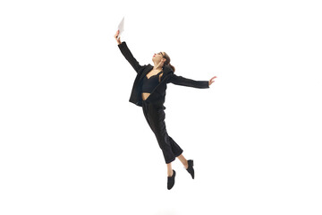 Woman, employee in dynamic move, showing enthusiasm and motivation to work isolated on white background. Energy and ambition in workplace. Concept of business, office lifestyle, progress, startup.