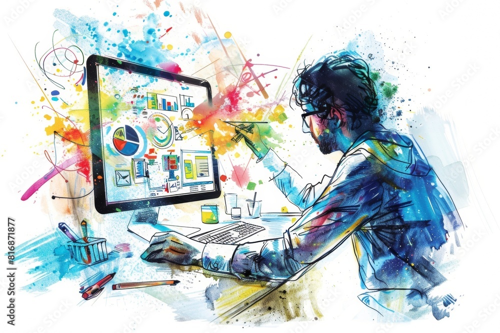 Leinwandbilder vibrant illustration of a marketer analyzing data on a computer with colorful abstract elements