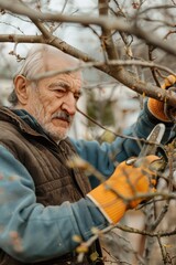 A man using scissors to trim branches, ideal for gardening projects