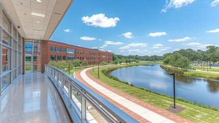 A serene modern campus view featuring a large red-brick academic building alongside a winding walkway and a picturesque pond under a clear blue sky