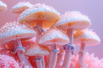 Pastel-colored 3D mushrooms, depicted with the essence of Documentary Photography