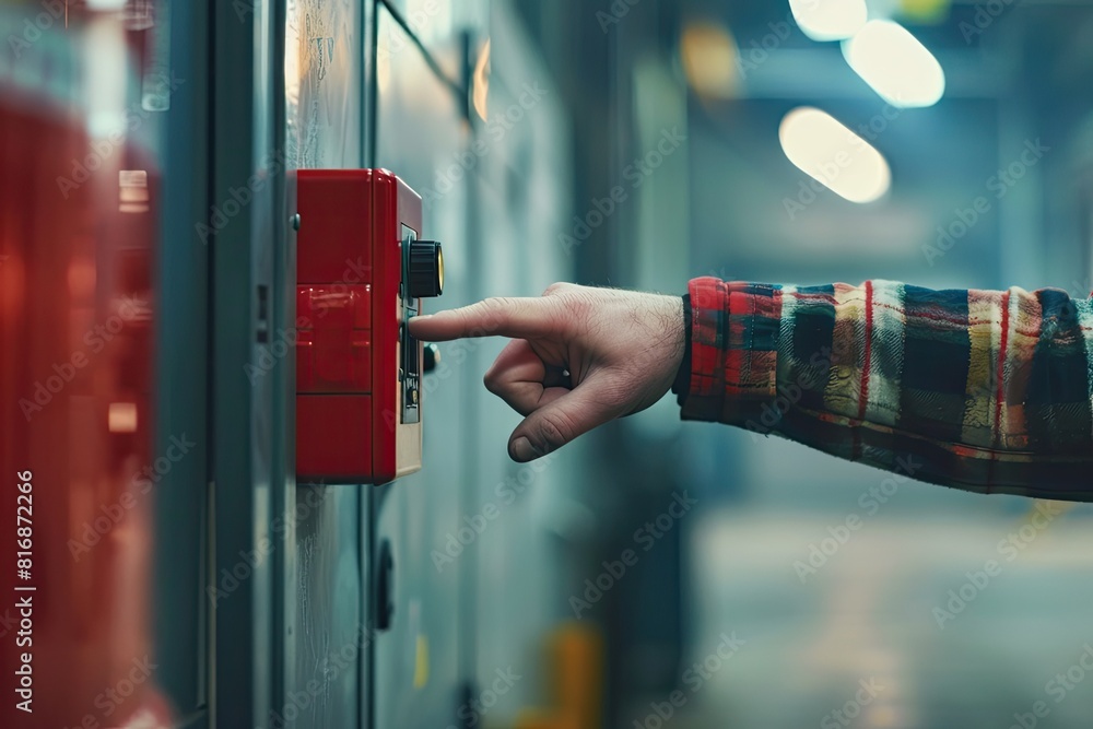 Poster a man points at a red button on a wall. the button is labeled 