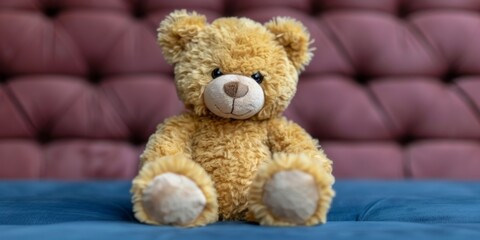 A cute brown teddy bear with a soft and fluffy texture sits on a blue surface against a backdrop of tufted pink upholstery, creating a warm and cozy atmosphere