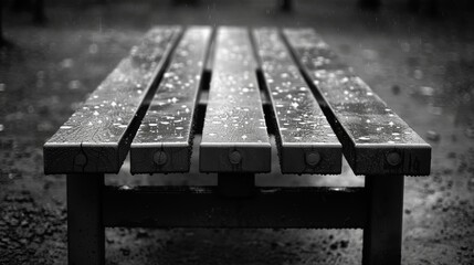 Fototapeta premium A close-up shot of a rain-soaked wooden park bench captured in black and white, highlighting the details of the water droplets and the texture of the wet wood