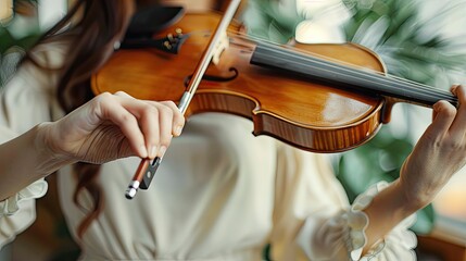 A woman is playing a violin. The woman is wearing a white dress and is holding a violin with a bow