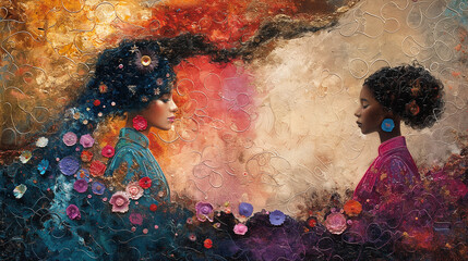 An artistic representation of a cultural fusion wedding, blending traditions and customs from different backgrounds and heritages, with vibrant colors and intricate patterns creati