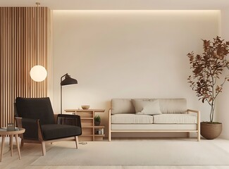 Modern interior of a living room with a stylish sofa and decorative elements as a stock photo contest winner