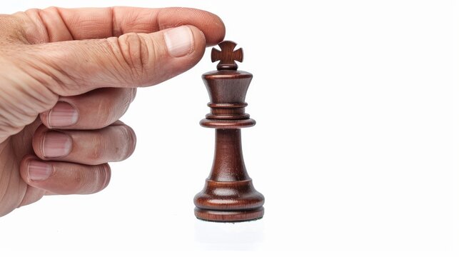 Man's hand holding a chess piece on a white background. Generative AI