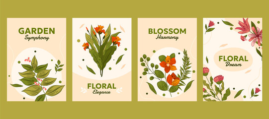 Hand drawn flat floral engraving card set