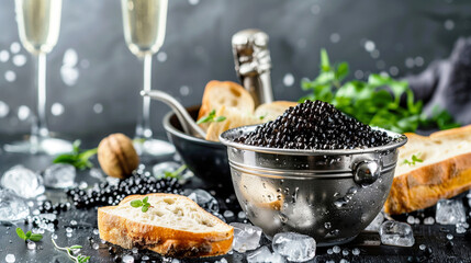 A luxurious setup featuring black caviar in a metal bowl with ice, accompanied by slices of bread,...