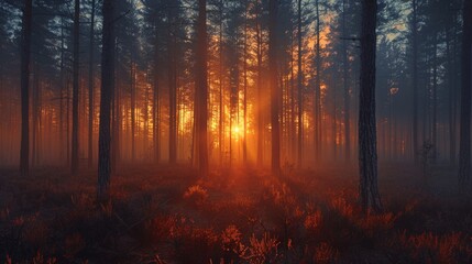 Obraz premium A tranquil forest bathed in the golden glow of the setting sun as its rays pierce through the trees, creating an ethereal atmosphere embraced by mist