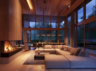 Modern interior of a living room with a sofa, fireplace and dining table in a luxury house at night