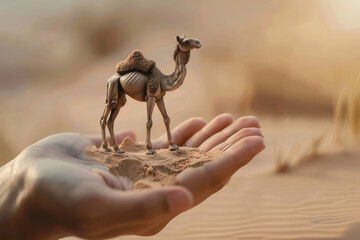 miniature camel on the human hand