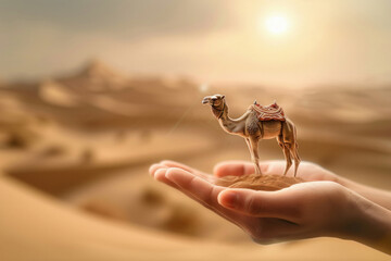 miniature camel on the human hand