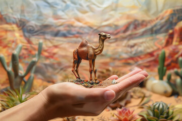miniature camel on the human hand