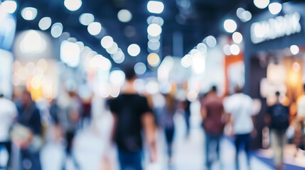 Blurred image of people walking in a busy indoor event or exhibition hall with bright lights and booths in the background.