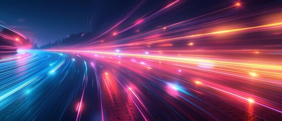 Digital motion blur with neon light streaks, dark gradient background, dynamic and abstract