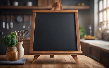 Blank chalkboard on a wooden stand in a bright kitchen, natural daylight, cooking class or menu template