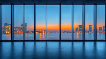 Stunning panoramic view of a modern city skyline at sunset from inside a contemporary building with large floor-to-ceiling windows offering a breathtaking landscape