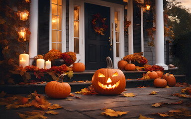 Blank Halloween pumpkin on a porch with candles and autumn leaves, soft evening lighting, spooky autumn template