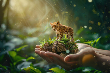 Miniature tiger on the human hand. tiger save concept