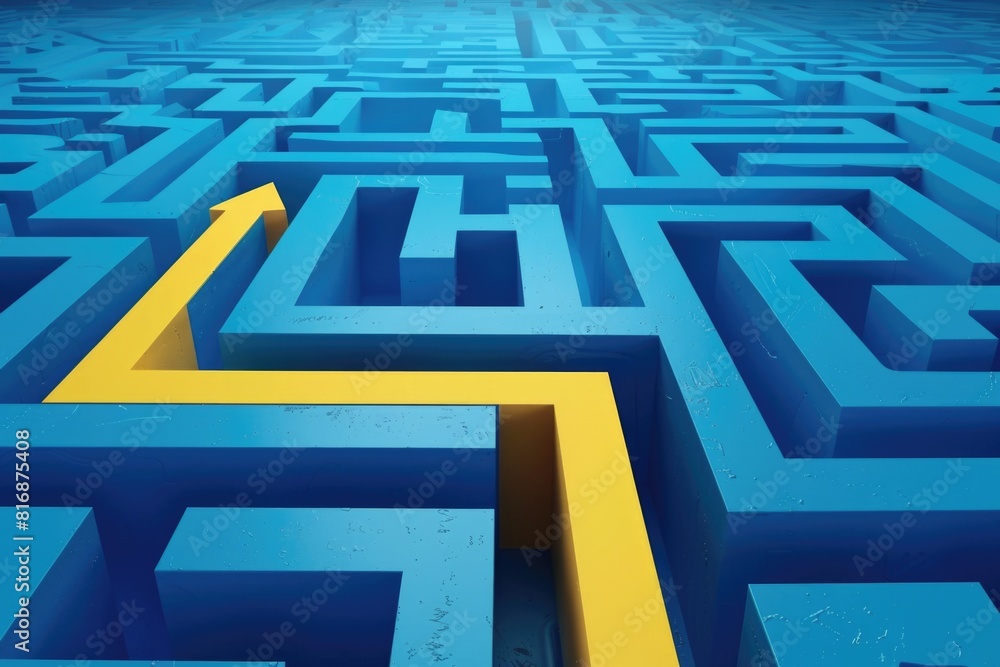 Poster a blue maze with a yellow arrow indicating the way out. suitable for illustrating problem-solving co