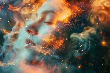 Artistic representation of a woman's face with a vibrant cosmic and fire effect