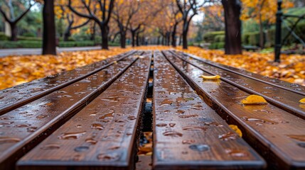 A tranquil park scene with a wet wooden bench covered in raindrops and surrounded by autumn leaves and colorful trees in the background