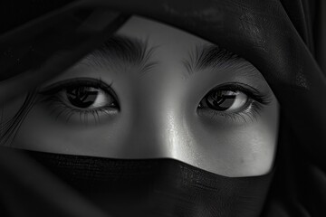 Naklejka premium Close-up black and white photo of a woman's eyes, perfect for beauty or emotional concepts