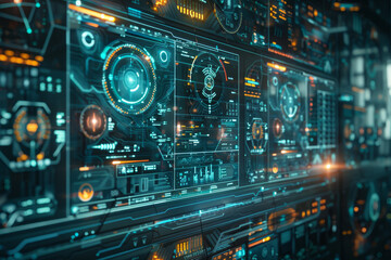 Fototapeta premium A tech enthusiast interacts with a futuristic virtual reality interface, displaying vivid data graphics and charts.