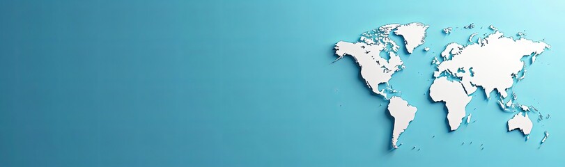 paper cut style world map, blue background, copy space, place for text