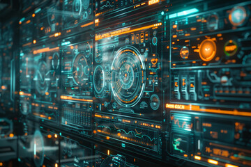 A tech enthusiast interacts with a futuristic virtual reality interface, displaying vivid data graphics and charts.