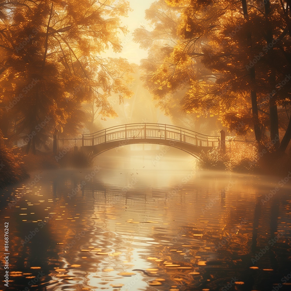 Sticker Beautiful misty morning in the park, golden autumn trees and a small bridge over a lake with ripples on the water surface