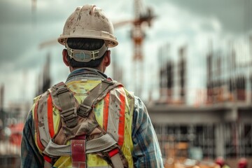 Fototapeta premium Male construction worker wearing protective gear and hardhat overlooking urban building site in the construction industry