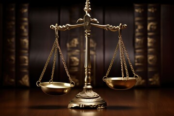 A golden balance scale placed on a wooden table, symbolizing justice and law. Generative AI