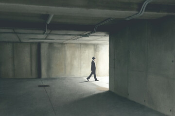 illustration of man walking in a empty garage, minimal concept