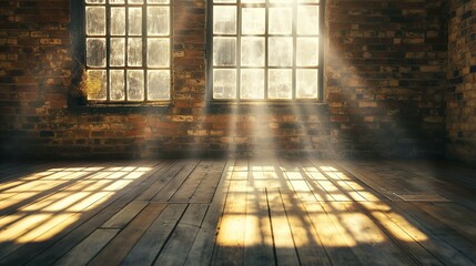 Sunlight casting shadows through window on brick wall and wooden floor.