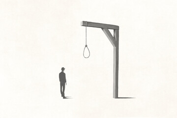 illustration of man thinks about hanging himself, surreal abstract concept
